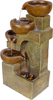Alpine Corporation WCT726 | 16"H Indoor/Outdoor Tabletop Tiered Pouring Pots Waterfall Fountain — Natural Stone-Look Finish Adds Rustic Charm — Brown