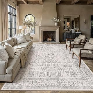 PureCozy 8x10 Washable Area Rug for Living Room Grey Vintage Carpet | Non Slip, Soft, Low Pile, Indoor Rug, for Living Room, Bedroom, Office, Dining Room, Distressed, Traditional