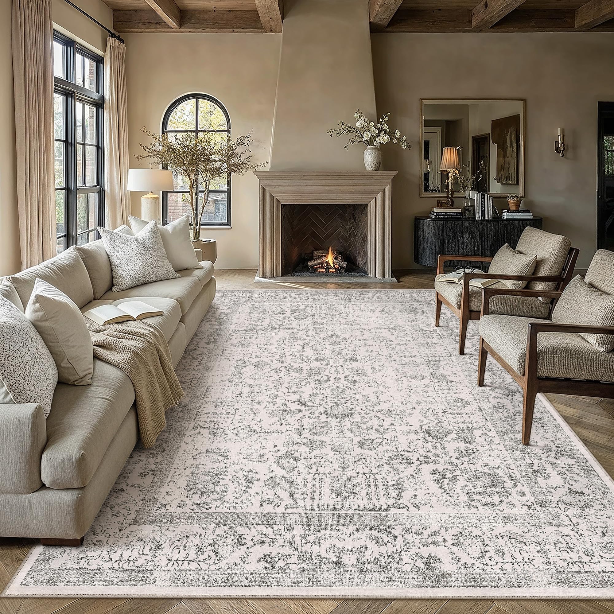 PureCozy 8x10 Washable Area Rug for Living Room Grey Vintage Carpet | Non Slip, 