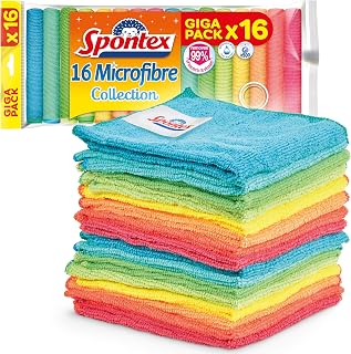 Spontex Microfibre Cloths for Cleaning | 16 Microfibre Collection Cleaning Cloths | For Use as Dusters & Kitchen Towels | 30 x 30cm | Assorted Colours | 16 Count