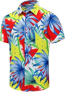 SheLucki Hawaiian Shirt for Men, Unisex Summer Beach Casual Short Sleeve Button Down Shirts, Printed Palmshadow Clothing