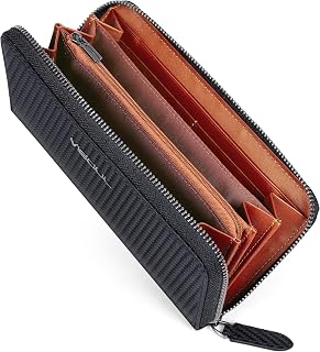 VISOUL Leather Long Zipper Cash Wallets for Men with RFID Blocking Two-Tone, Carbon Fiber Large Clutch Money Purse (Black+Orange)