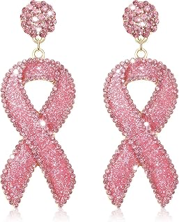 Glitter Rhinestone Pink Ribbon Drop Earrings Beaded Breast Cancer Awareness Earrings Jewelry for Women Breast Cancer Survivor Support Jewelry Gifts