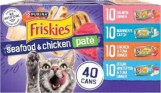 Purina Friskies Pate Wet Cat Food Variety, Seafood & Chicken, (40) 5.5 oz | Moist cat food with real seafood or chicken, smooth easy-to-chew pate texture, 40-count variety pack to stock up