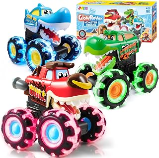 JOYIN 3 Pack Monster Truck Toy, Light Up Cars Press and Go Dinosaur Trucks