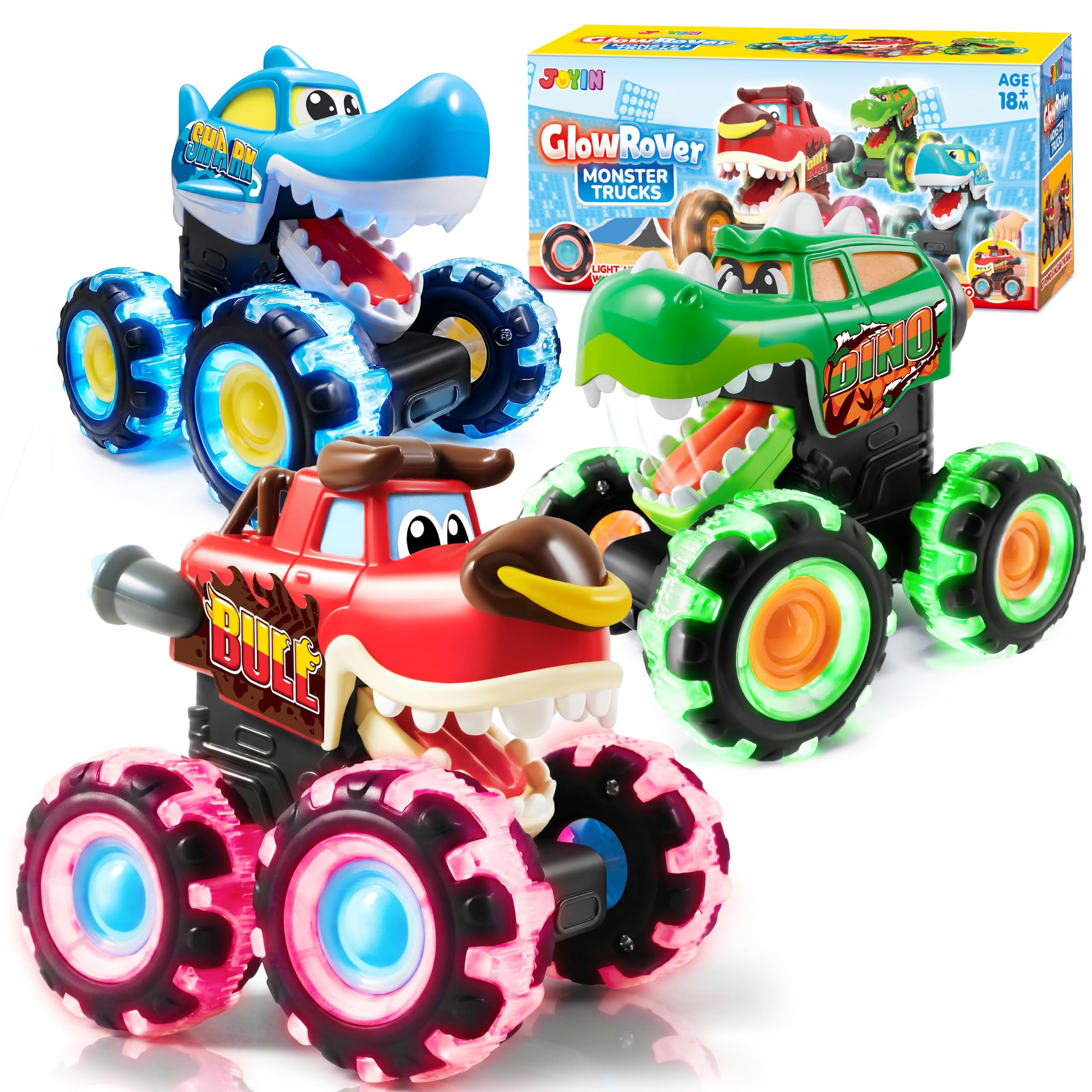 JOYIN 3 Pack Monster Truck Toy, Light Up Cars Press and Go Dinosaur Trucks