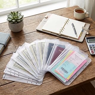 12 A6 Pockets, Pocket Zip Folder, Money Budget Envelope, Clear Cash Envelopes with Zipper Pouch for Binders, 6 PVC Filing Bags, 6 Clear Eyes, Office Supplies