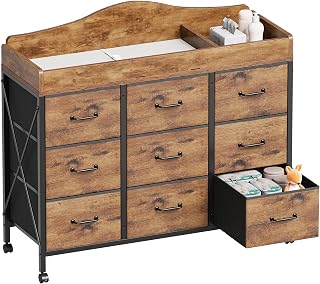 Baby Changing Table, 9 Fabric Boxes, Waterproof Pad, Mobile, Rustic Brown | Baby Dresser, Changing Table Dresser, Waterproof Diaper pad &amp; Safety Strap,Baby Nursery Organizer, Mobile, Nursery