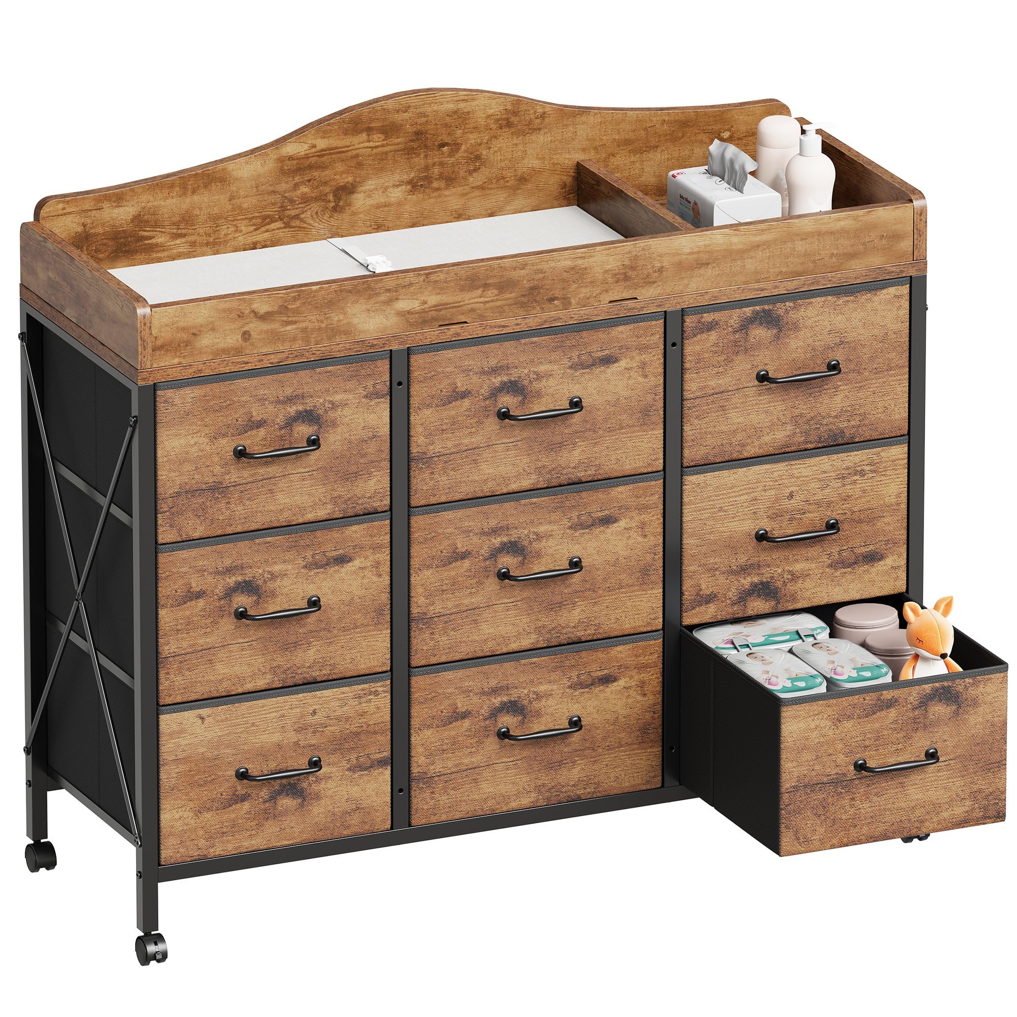 Baby Changing Table, 9 Fabric Boxes, Waterproof Pad, Mobile, Rustic Brown | Baby