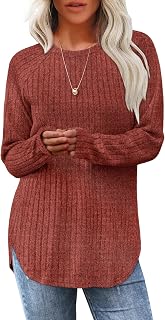 Camisas de manga larga para mujer, ropa de otoño 2026, túnica de ajuste holgado, cuello redondo, suéter con dobladillo curvado