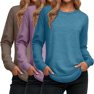 Ficerd Pack of 3 Women's Long Sleeve Tunic Round Neck Cotton Loose Fit Casual Curved Hem T-Shirts