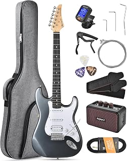 Leo Jaymz Beginner Electric Guitar 39” Kit with Portable Amplifier, Padded Gig Bag, Digital Tuner，Capo，Strap，Picks，Classic HSS Pickups(Gray-HSS)