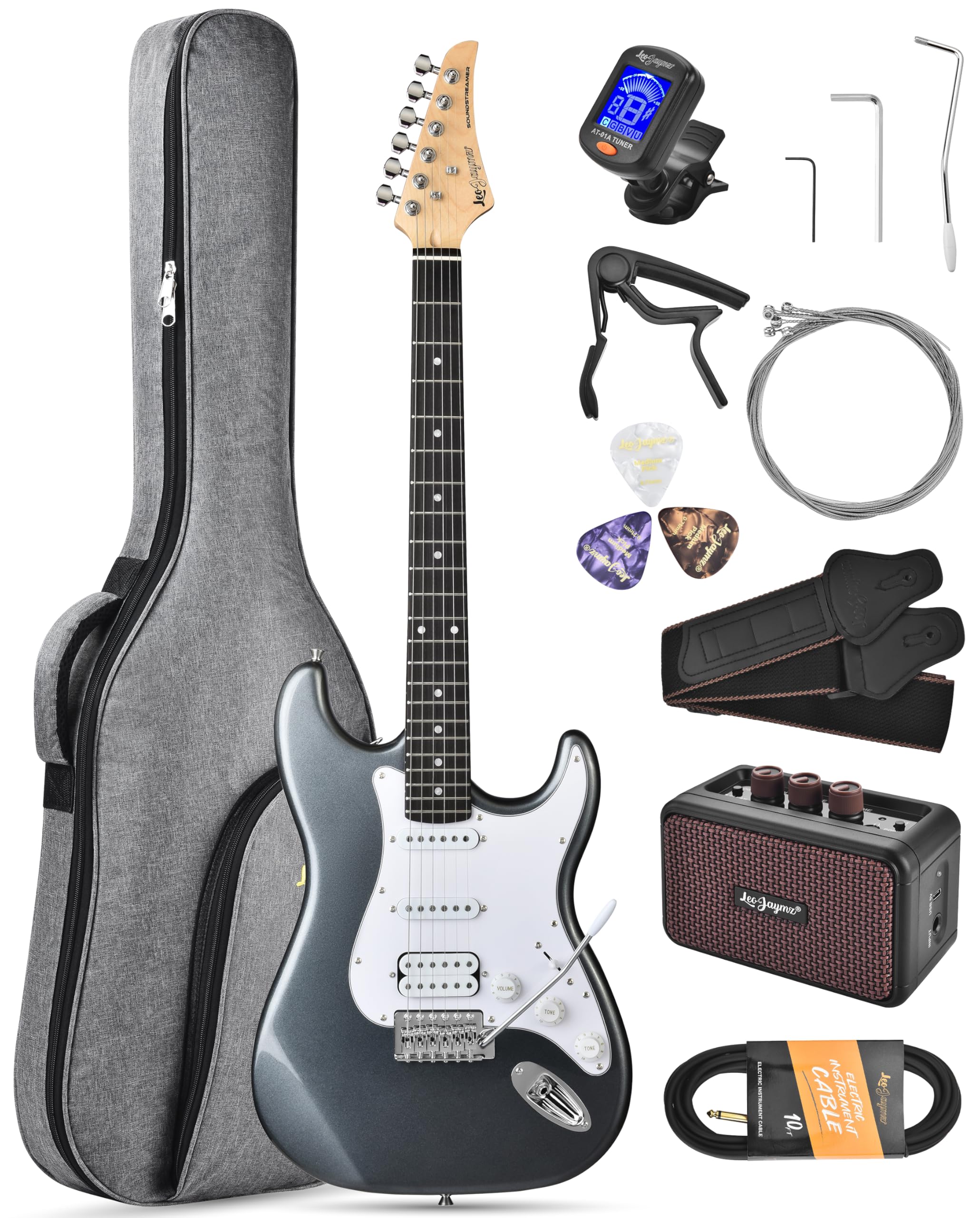 Leo Jaymz Beginner Electric Guitar 39” Kit with Portable Amplifier, Padded Gig B