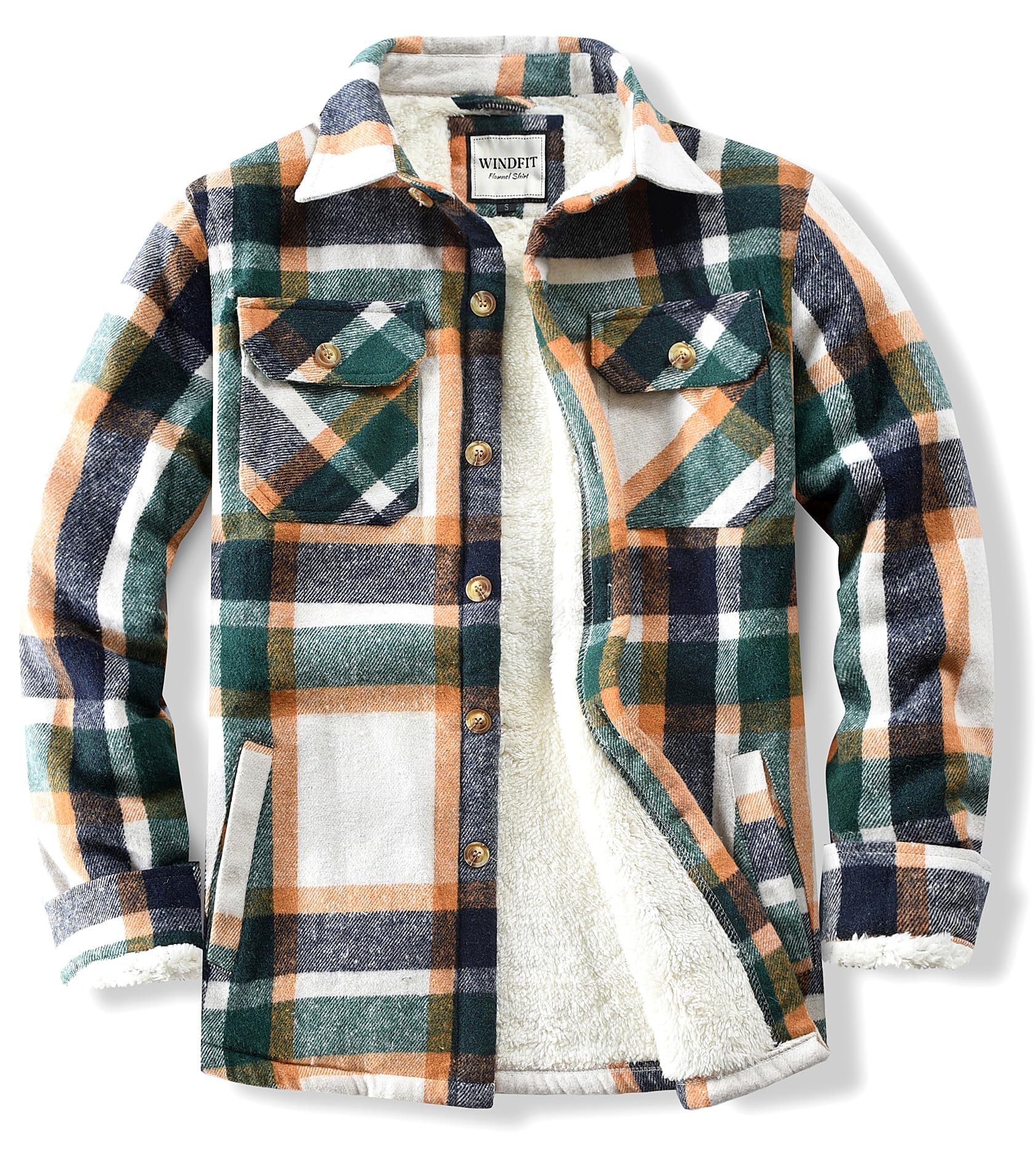 WINDFIT Men's Cotton Sherpa Button Down Flannel Shirt Jacket Plaid Shirt