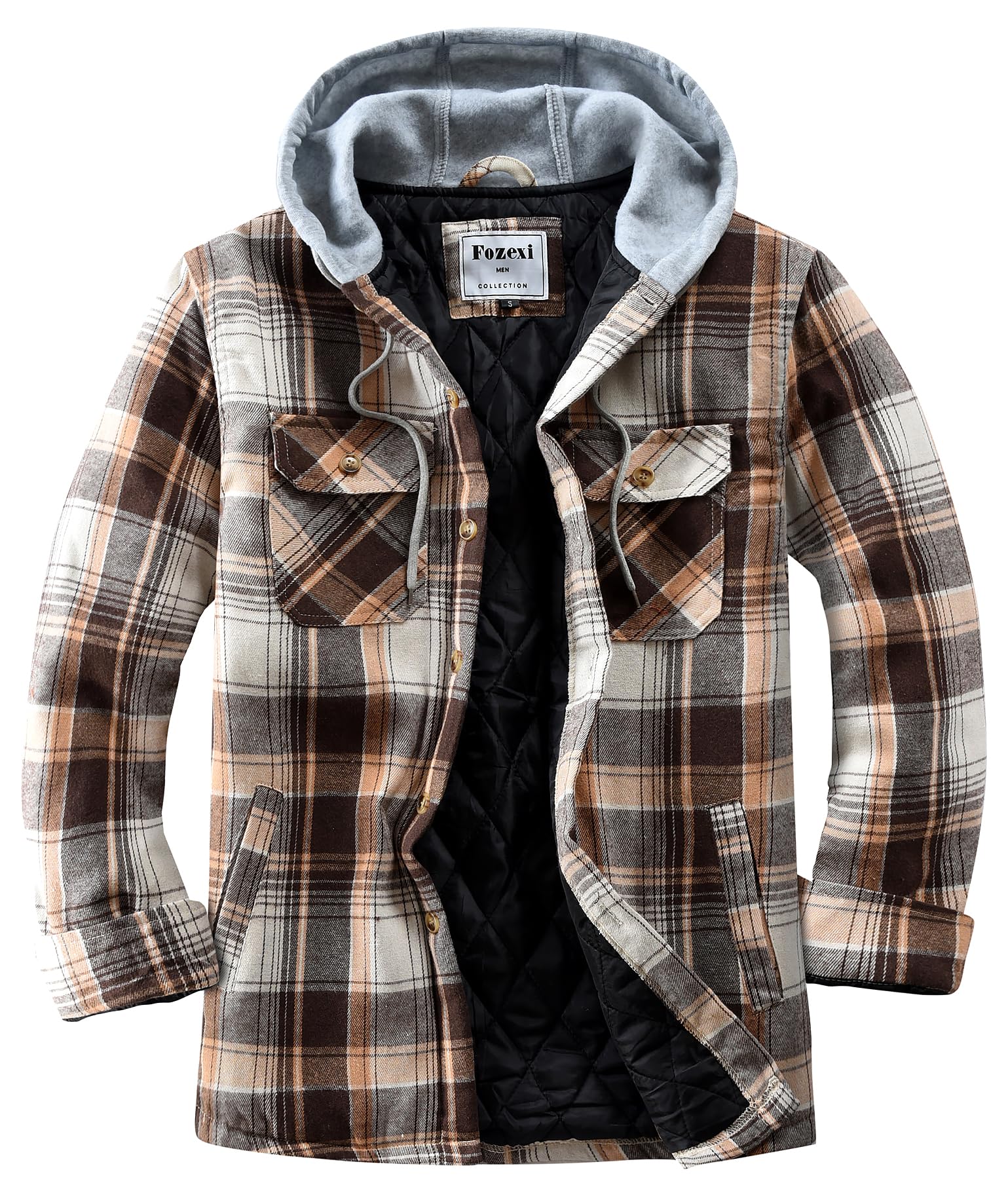 Mens Quilted Lined Lightweight Flannel Button Shirt Hooded Jacket