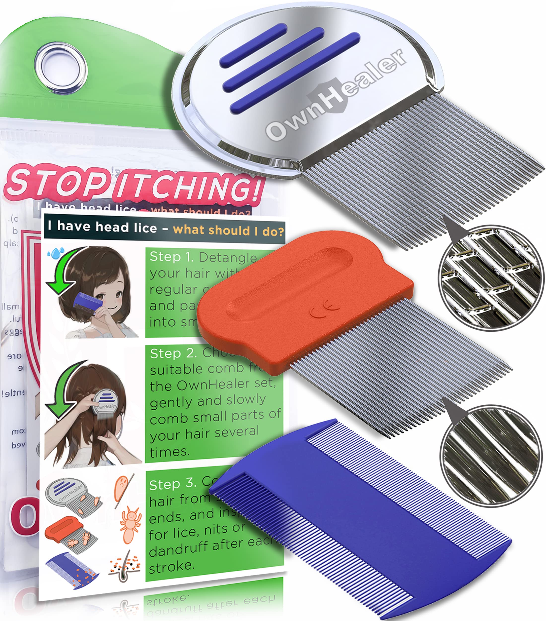OWNHEALER 3-Piece Family Nit Comb Set | Lice & Nit Removal for All Hair Types | 