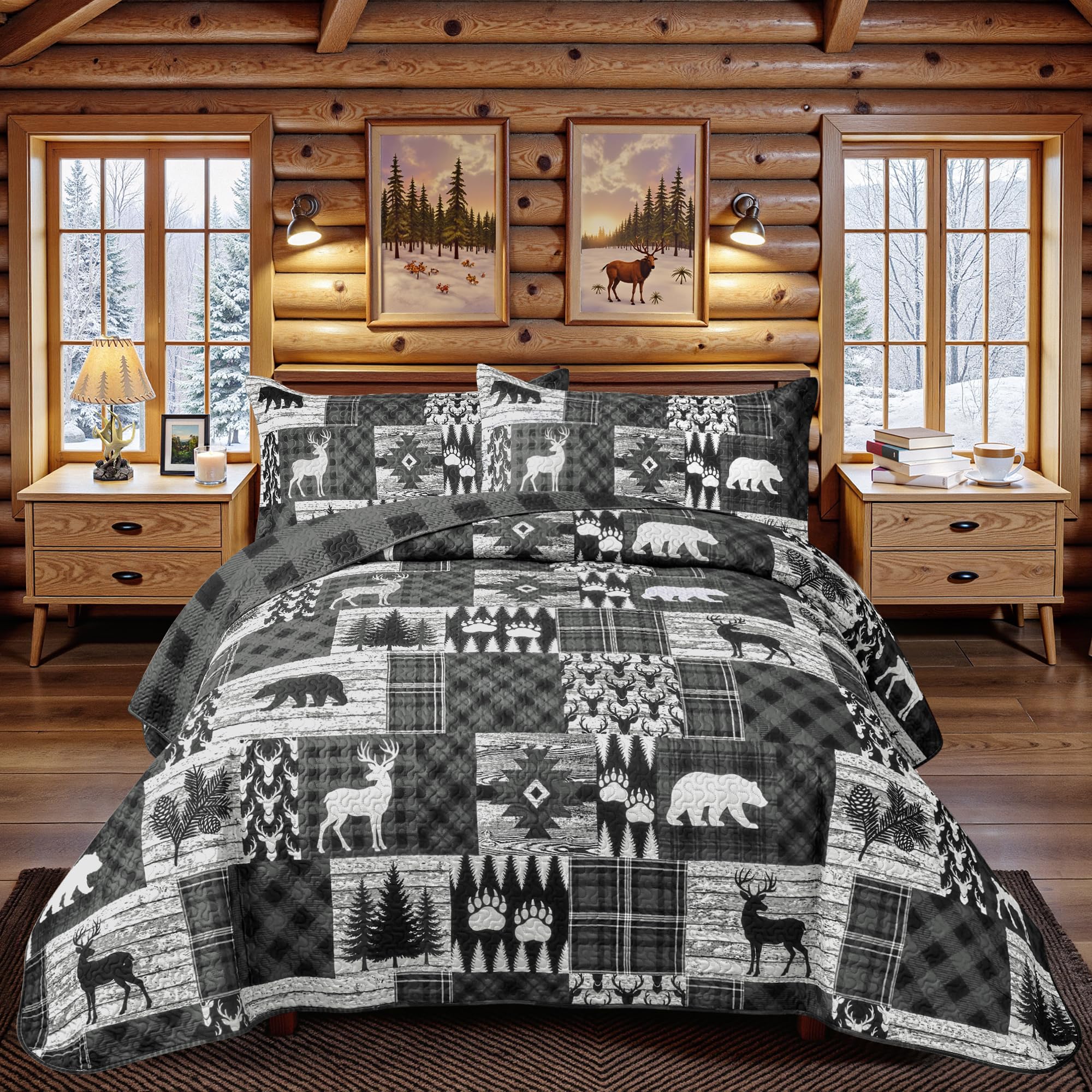 3 Piece Cabin King Size Quilt Sets Farmhouse Rustic Reversible Microfiber Soft L