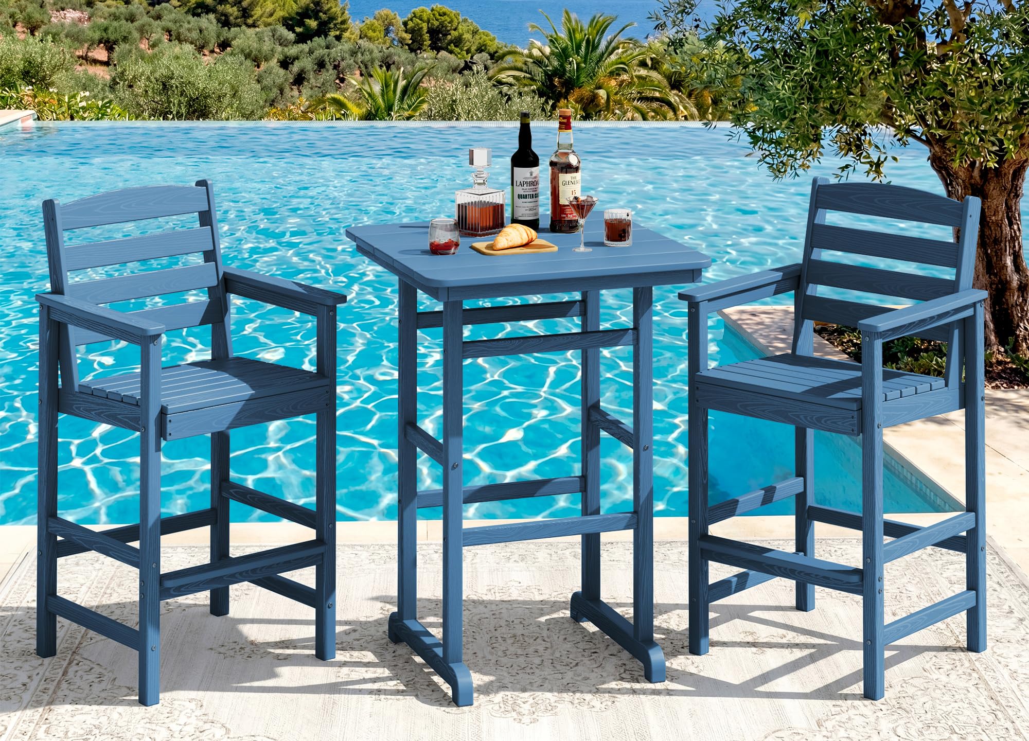 SERWALL 3 Pcs HDPE Bar Height Adirondack Chairs and Bar Table Set, Blue | Balcon