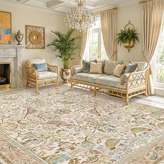 Washable Living Room Rug 8x10 - Country Style Beige Floral Area Rugs for Bedroom Under Bed, Dining Room Table Rug, Stain Resistant Non-Slip Neutral Farmhouse D�cor with Light Blue and Green Accent