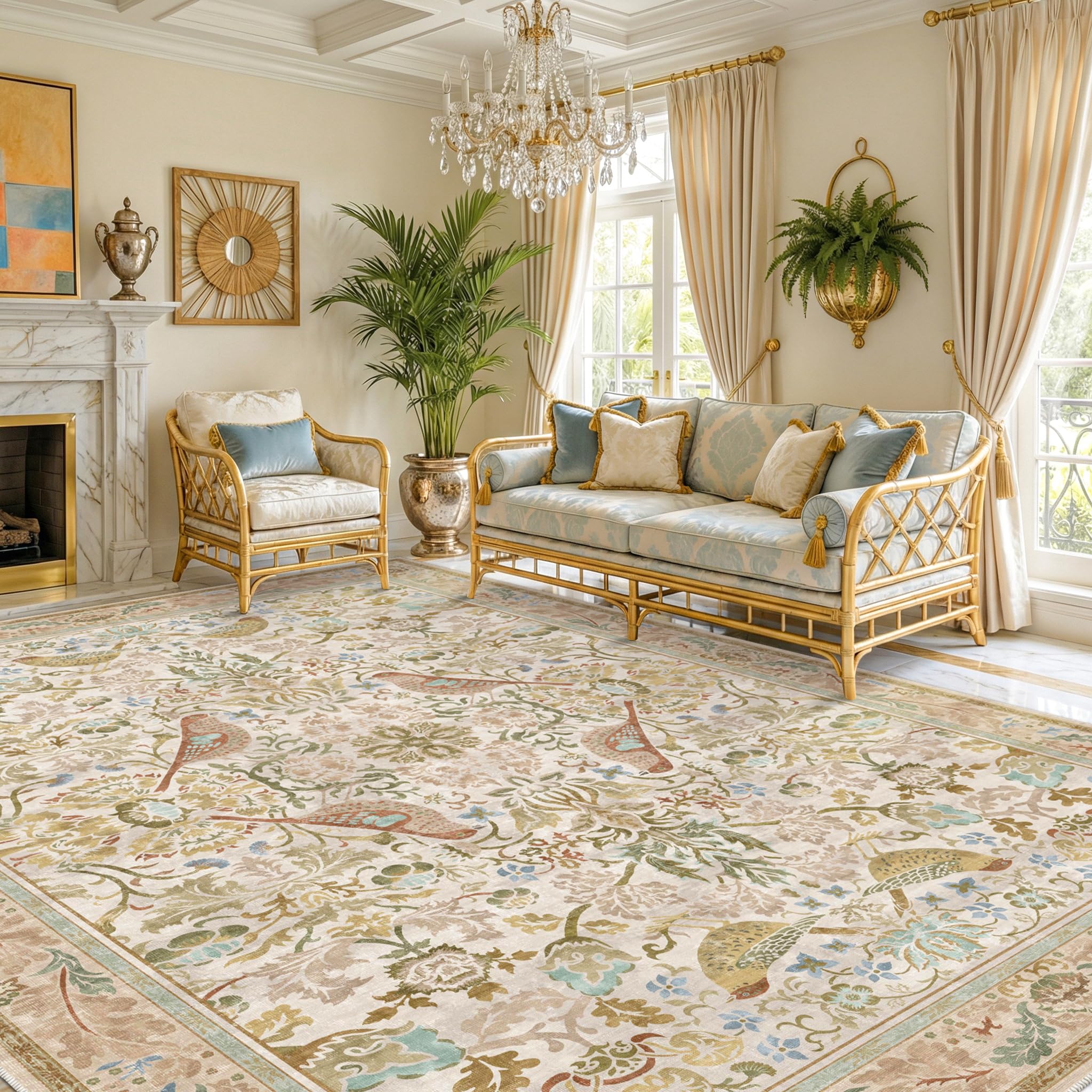 Washable Living Room Rug 8x10 - Country Style Beige Floral Area Rugs for Bedroom