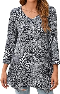 Enmain Women's Tunic Long Sleeve Large Sizes 3/4 Sleeve V Neck Long Tunic Tops for Women Plain / Pattern Print Long Shirt Tunic Blouses