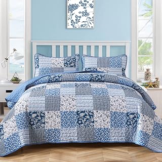 Mybedsoul Boho Quilts Queen Size, Patchwork Floral Bedding Set, Blue | Soft Lightweight Microfiber Coverlet Set, 3 Pieces Plaid Reversible Bedspread, Bed Sets for All Seasons 90"x96"