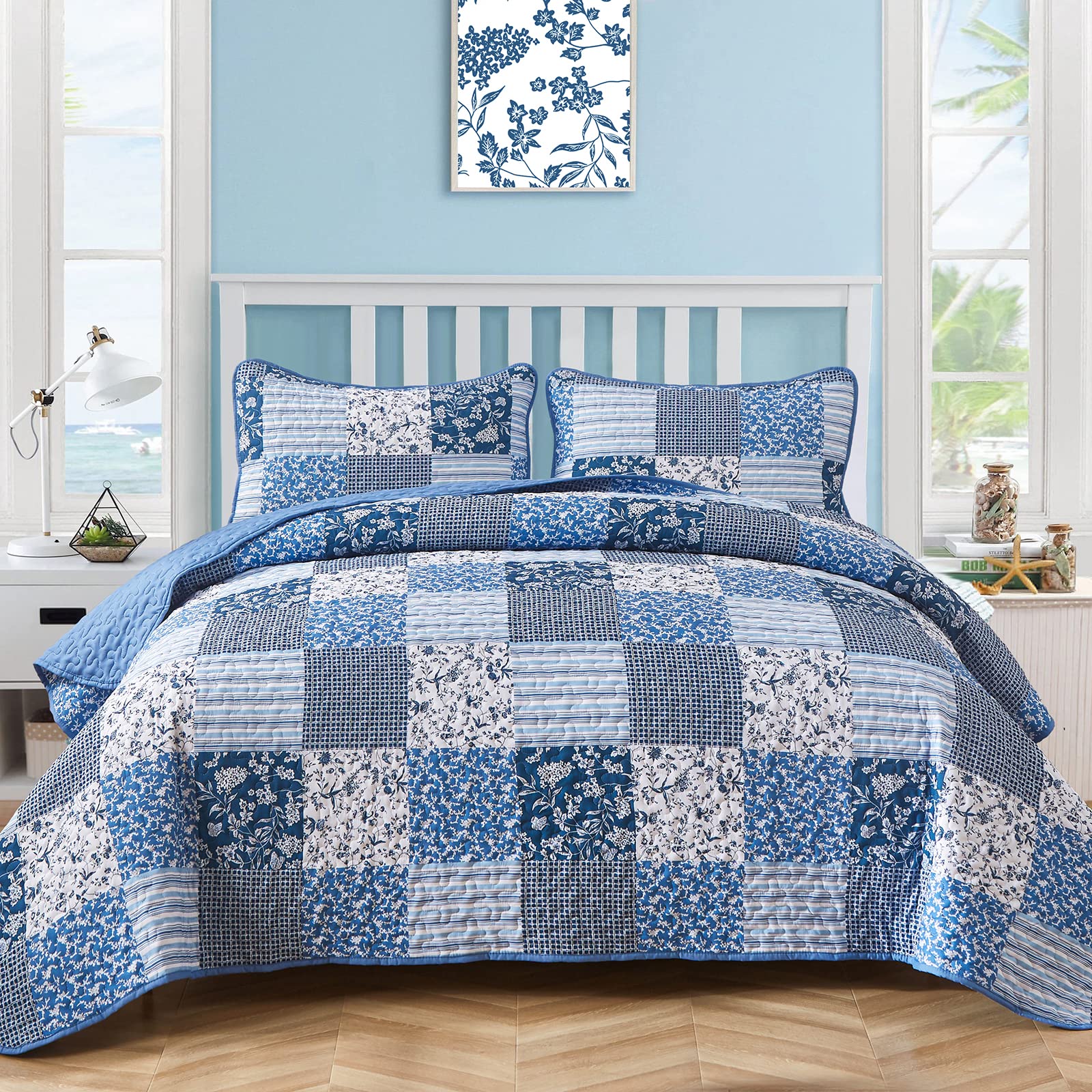 Mybedsoul Boho Quilts Queen Size, Patchwork Floral Bedding Set, Blue | Soft Ligh