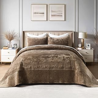 Super King Patchwork Velvet Comforter Sets,Mocha Brown Wave Pattern