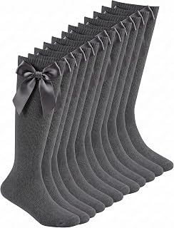Sock Stack 6 Pairs Girls Knee High School Socks with Fluffy Ribbons Bow Cotton Sock Long Uniform Back to School Party Wear