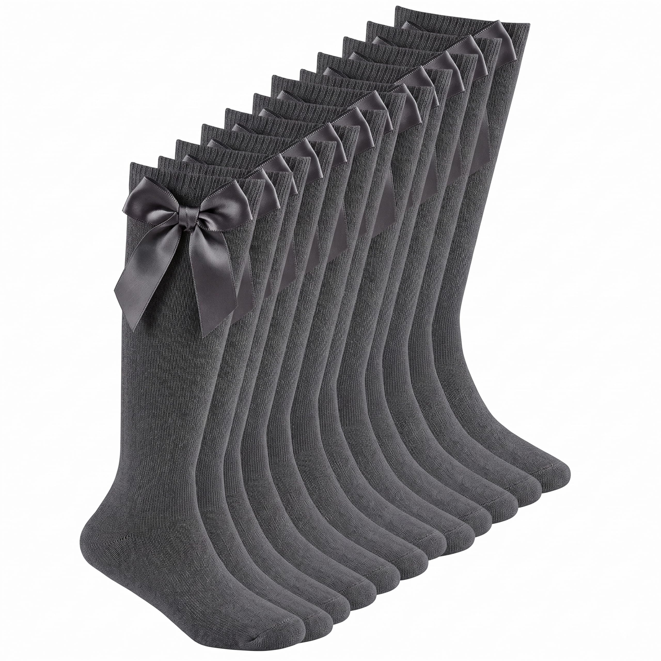 Sock Stack 6 Pairs Girls Knee High School Socks with Fluffy Ribbons Bow Cotton S