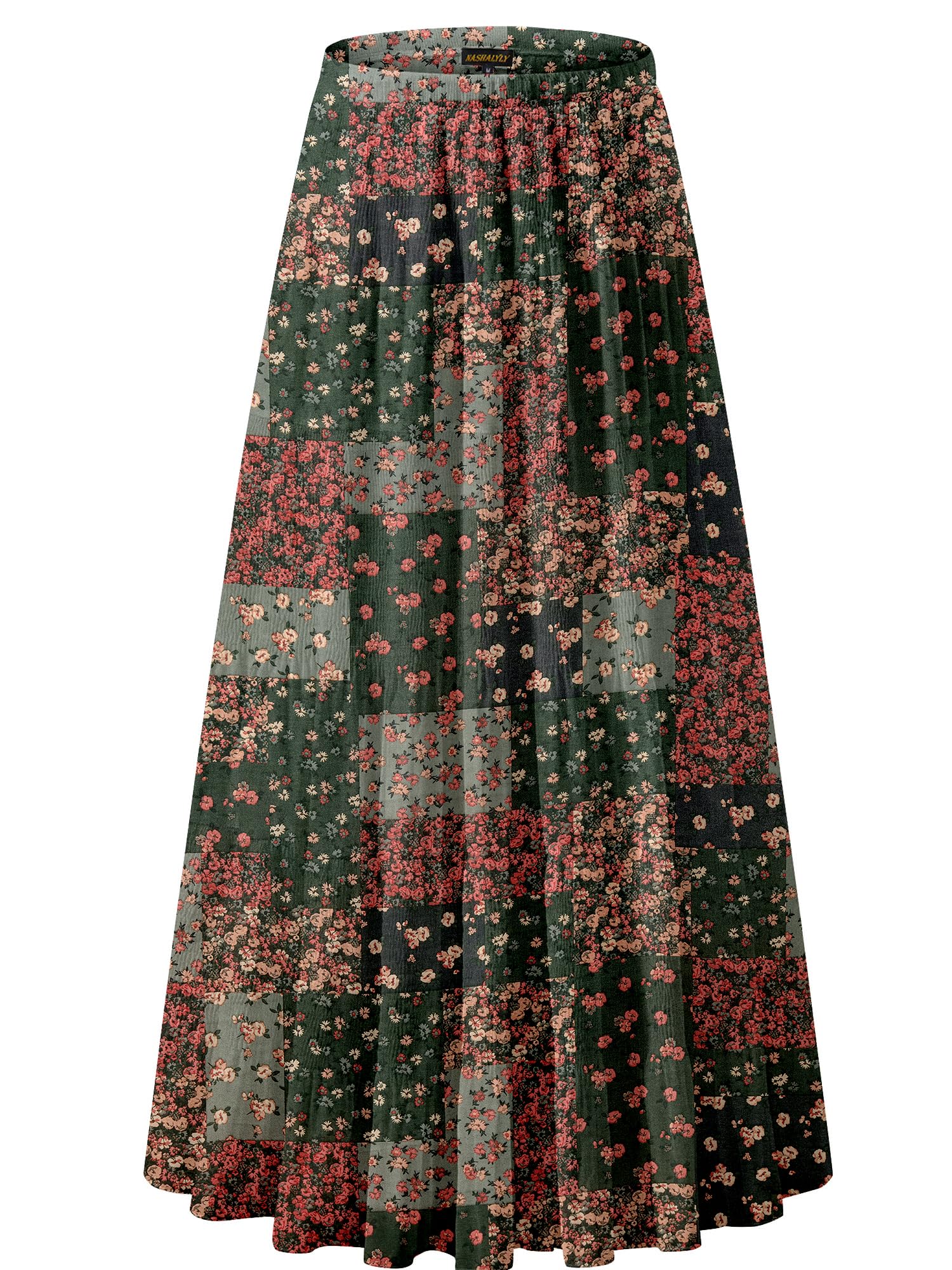 NASHALYLY Women's Chiffon Elastic High Waist Pleated A-Line Maxi Skirts