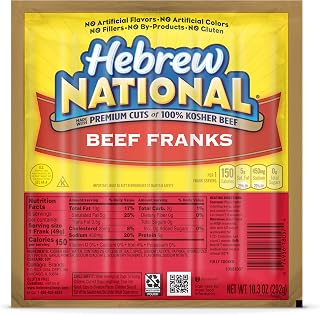Hebrew National Beef Franks, 10.3 OZ, 6 Count Pack | 6g protein per serving; 100% kosher beef; grill, microwave or boil hot dogs in minutes; perfect for cookouts & game day