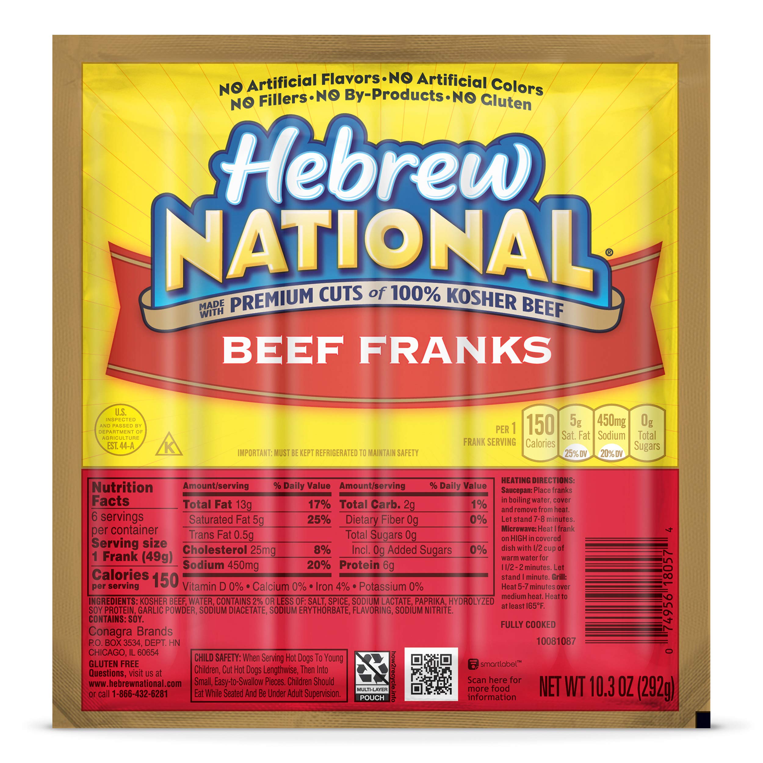 Hebrew National Beef Franks, 10.3 OZ, 6 Count Pack | 6g protein per serving; 100