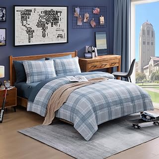 Plaid Twin XL Comforter Set Light Blue 5 Pieces College Dorm Bed in a Bag