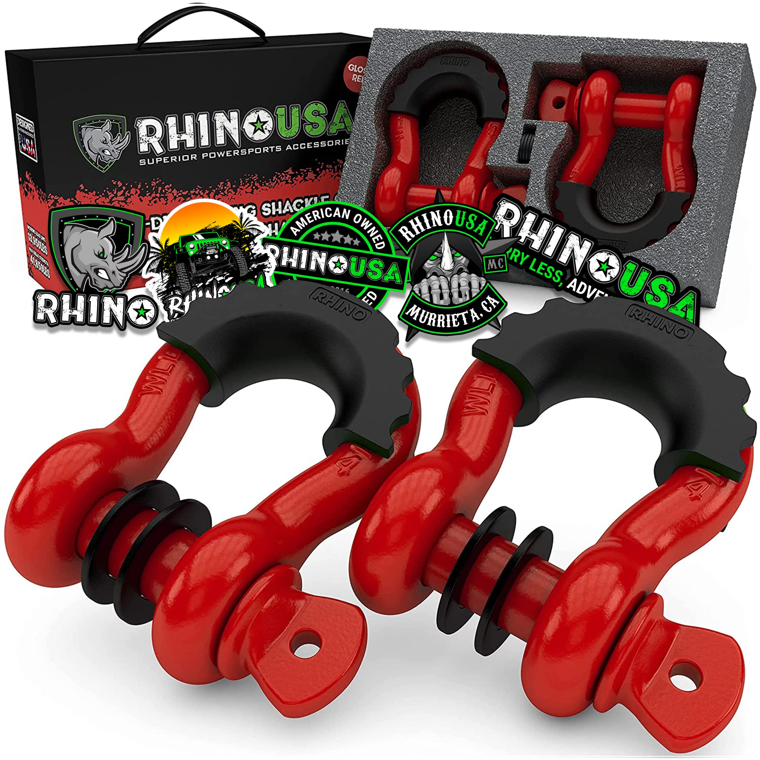 Rhino USA 3/4" D Ring Shackles (2-Pack) - 41,850lb Break Strength | Heavy Duty C