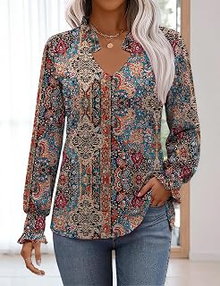 Women's Long Sleeve Tops Pleated Cuffs Dressy Business Casual Blouse Trendy Puff V Neck Tunic Shirts