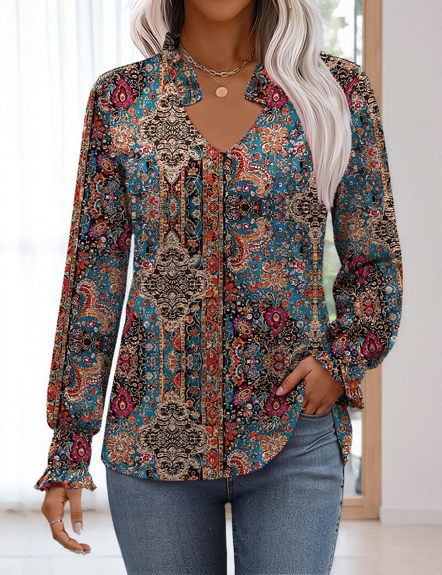 Women's Long Sleeve Tops Pleated Cuffs Dressy Business Casual Blouse Trendy Puff