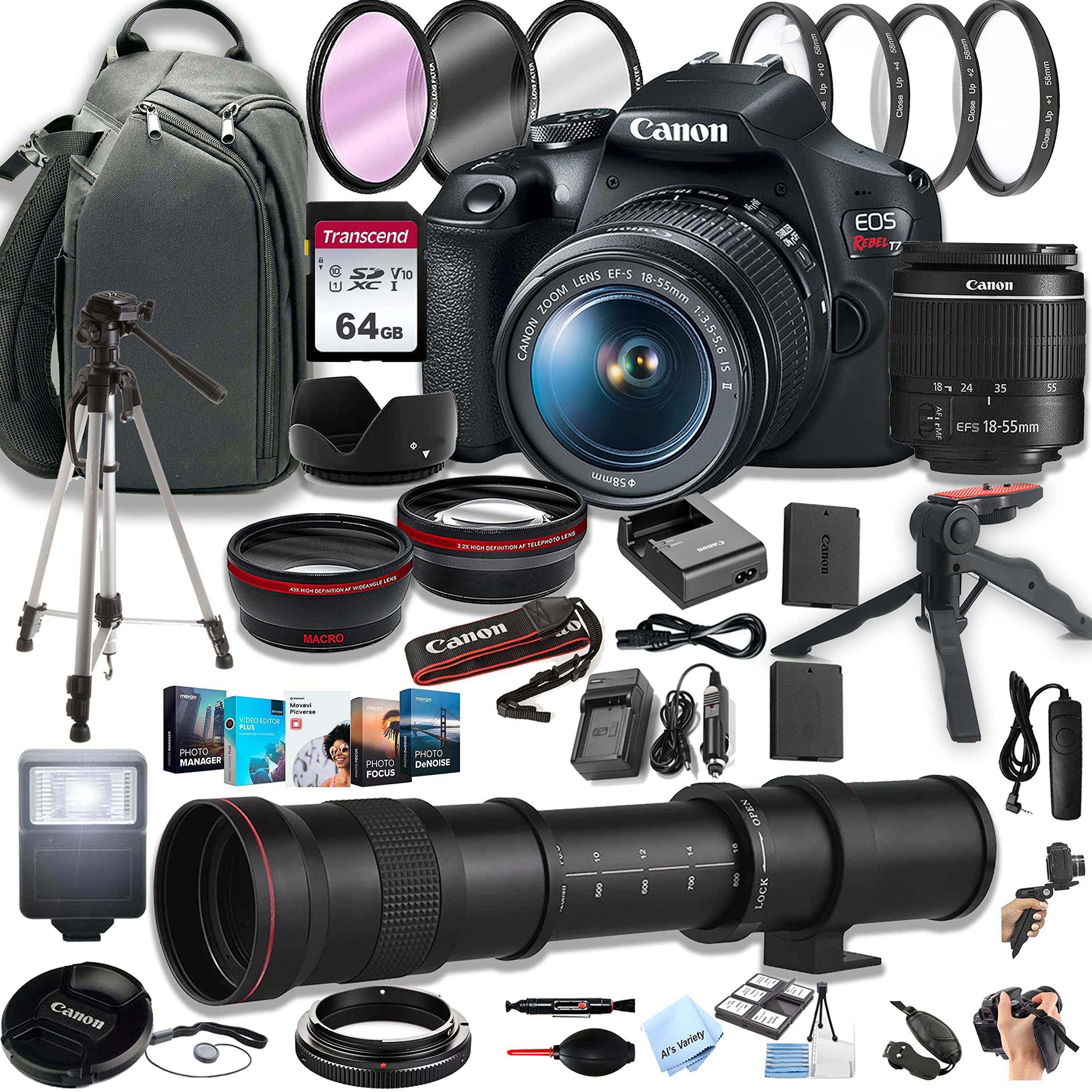 Canon EOS Rebel T7 DSLR Camera w/EF-S 18-55mm F/3.5-5.6 Zoom Lens + 420-800mm Su