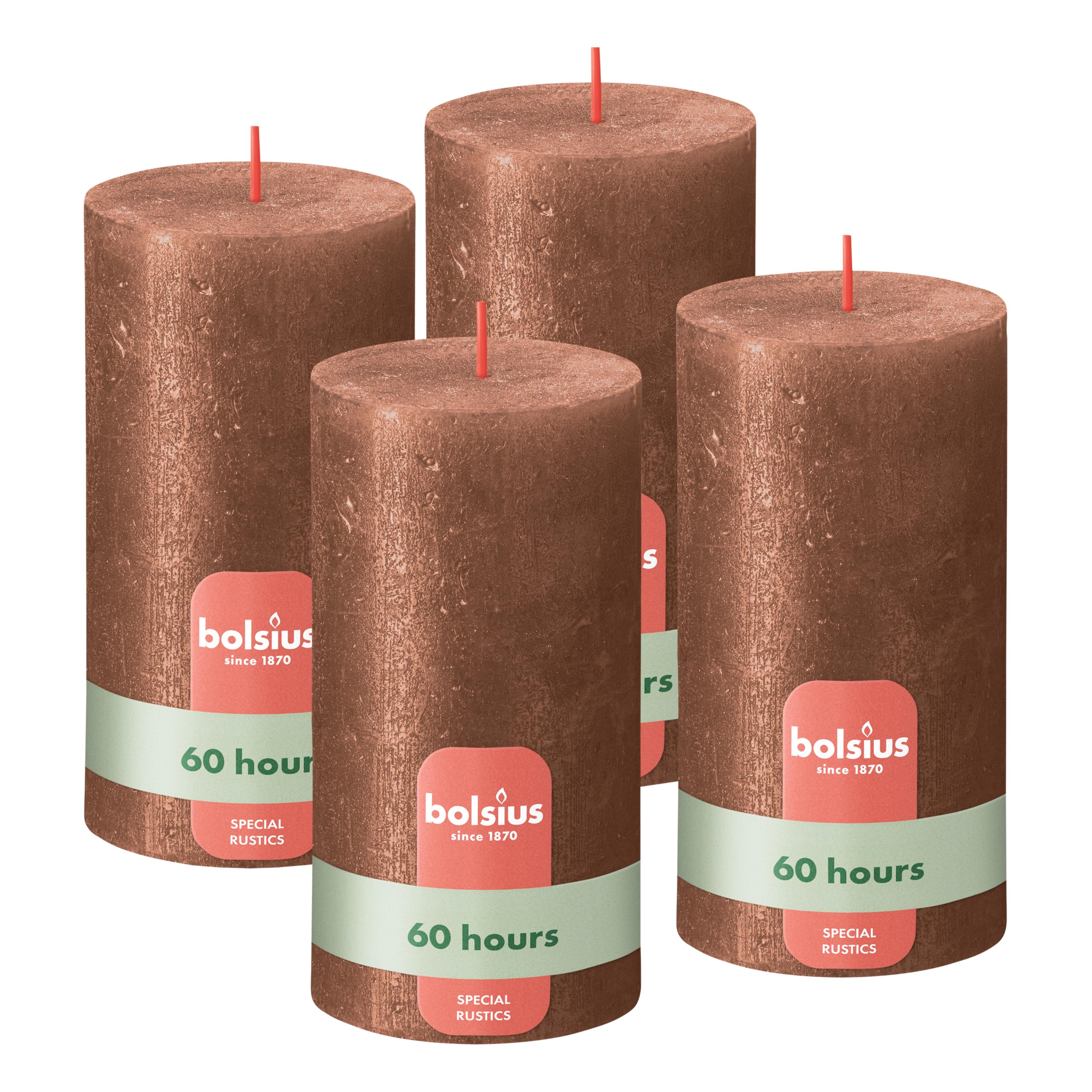 Bolsius Rustic Pillar Candle - Bright Copper - Pack of 4 - Long Burn Time of 62 