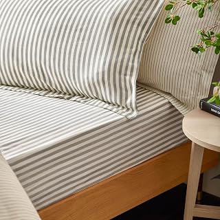 Yard Hebden Striped Midi Fitted Sheet 100% Ultra-Soft Cotton with Stripes (Grey – Double – 137 x 190 x 32 cm)