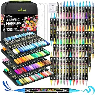 120 Colors Acrylic Paint Markers, Dual-Tip Brush Paint Pens for Painting | Permanent Drawing Markers Set For Wood, Rock , Fabric, Canvas, Glass, Ceramic, DIY Craft Art Supplies, 60 Pack