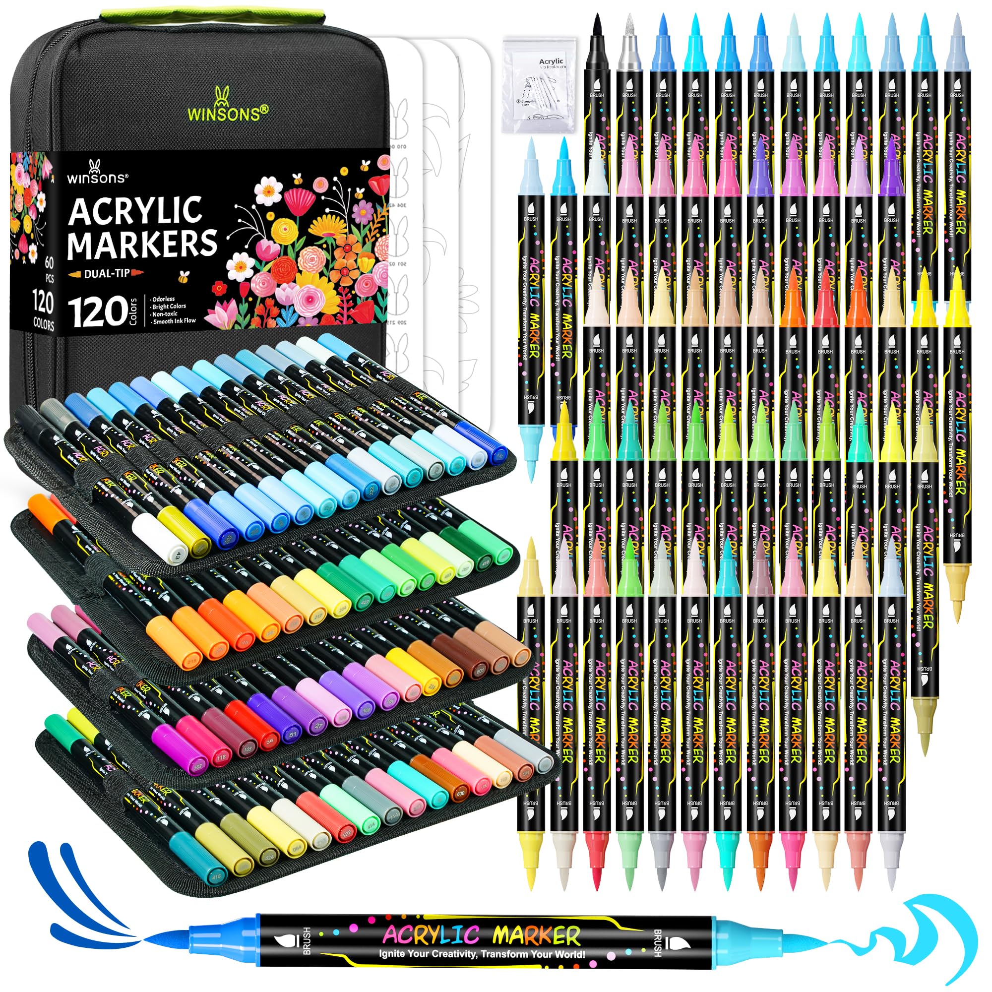 120 Colors Acrylic Paint Markers, Dual-Tip Brush Paint Pens for Painting | Perma