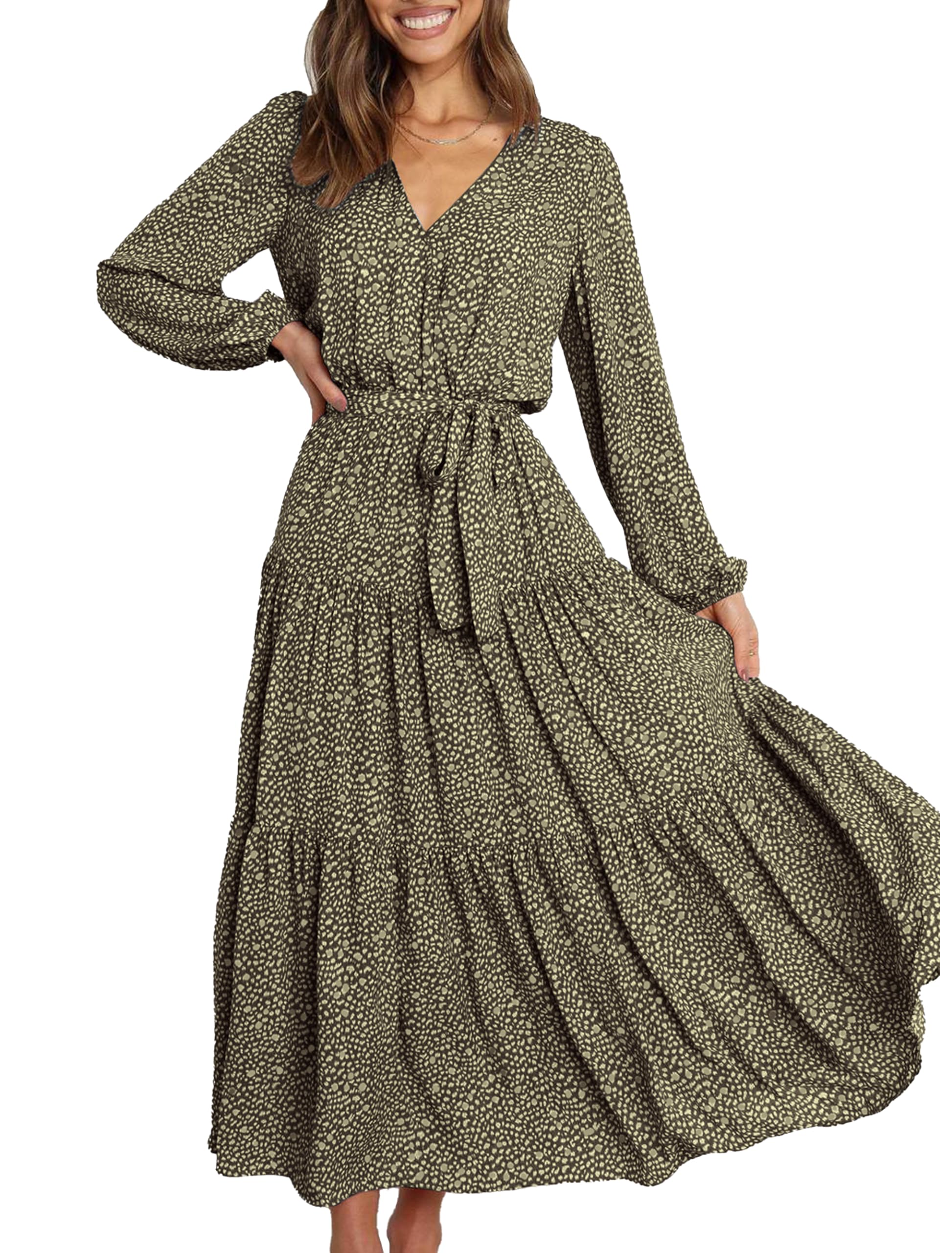 PRETTYGARDEN Womens Long Sleeve Boho Floral Wrap Maxi Dress