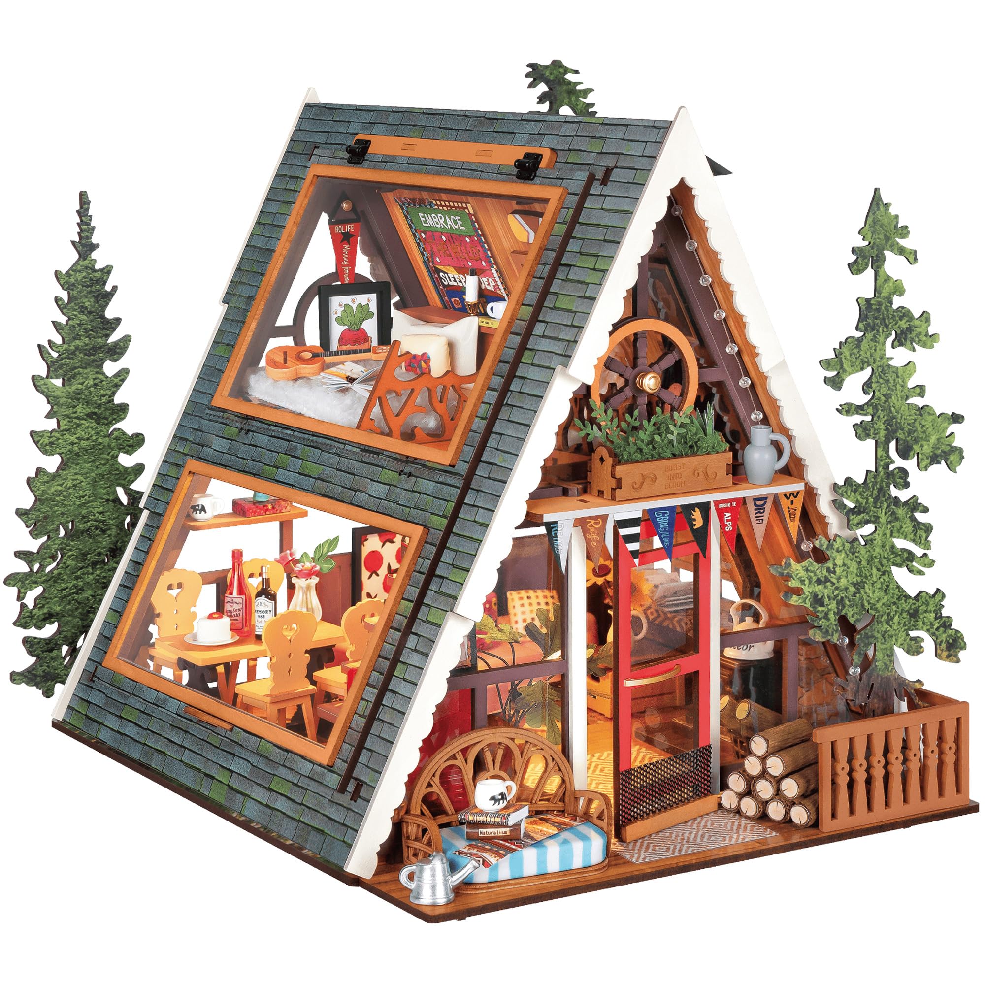 Rolife A-Frame Cabin DIY Miniature House Kit with LED Light | 336 Pcs Forest Cab