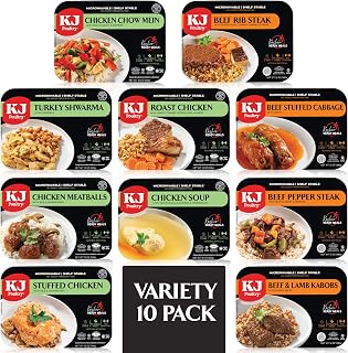 KJ Poultry Kosher Ready Meals - (10 Pack Variety - Beef, Chicken & Turkey) Prepared Entree Fully Cooked, Shelf Stable Microwave Dinner Travel Military Camping Emergency Survival Protein