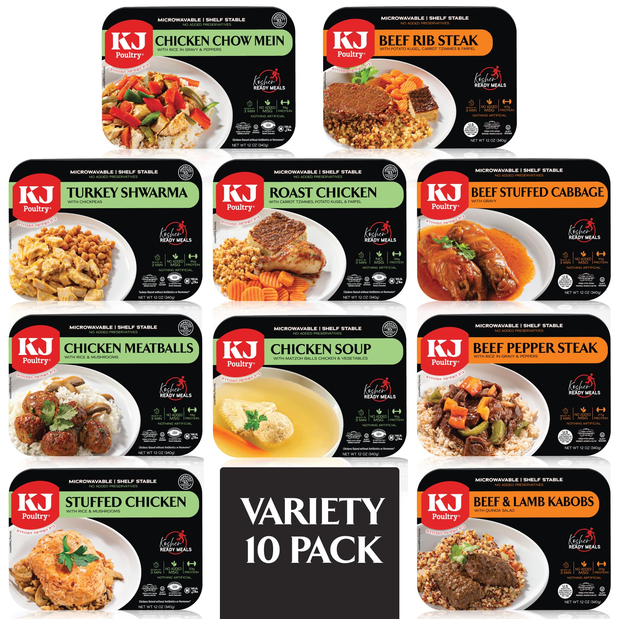 KJ Poultry Kosher Ready Meals - (10 Pack Variety - Beef, Chicken & Turkey) Prepa
