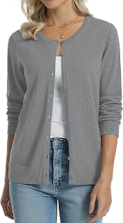 QUALFORT Women's Cardigan 100% Cotton Lightweight Long Sleeve Knitted Button Down Sweater