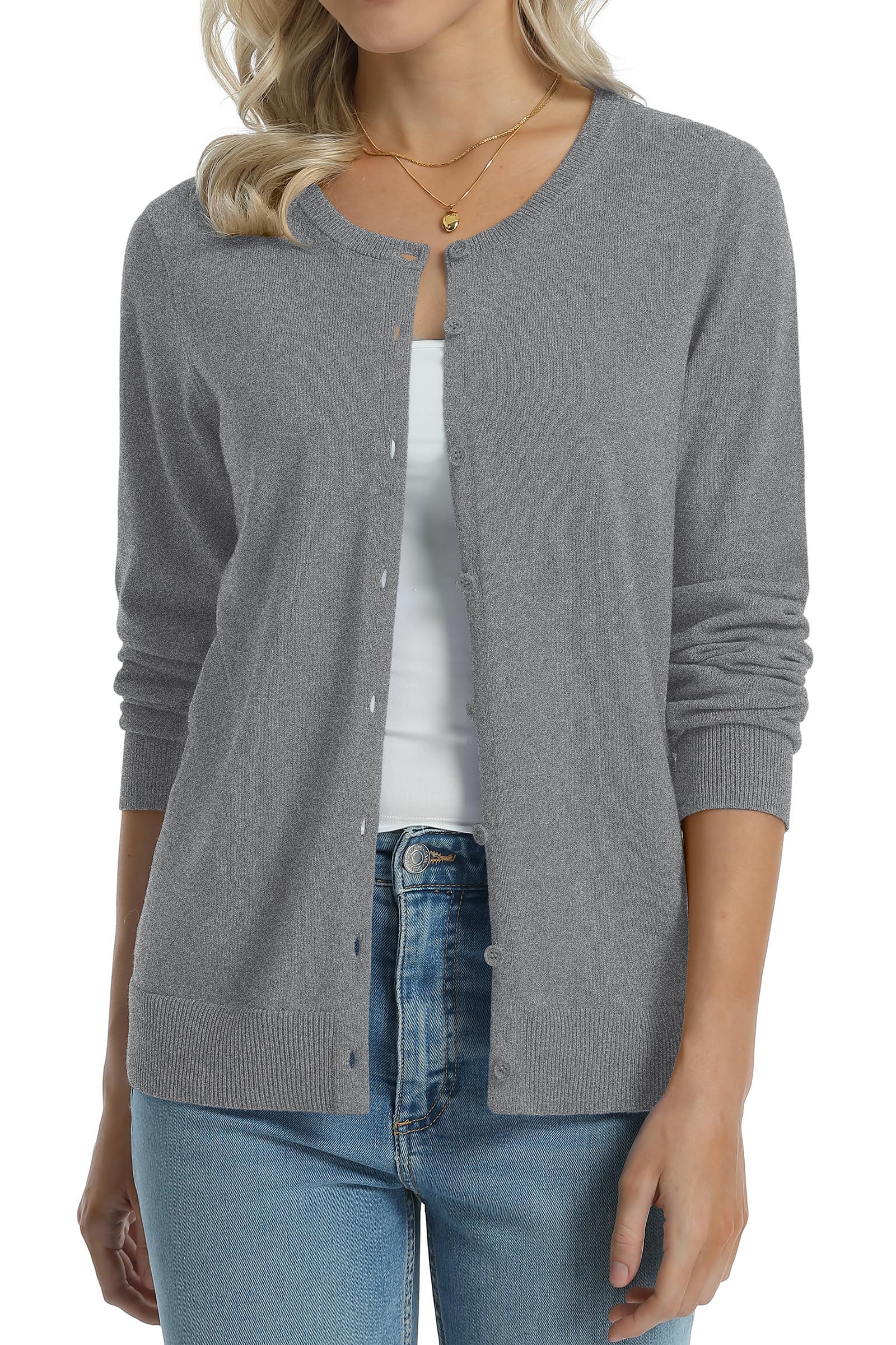 QUALFORT Women's Cardigan 100% Cotton Lightweight Long Sleeve Knitted Button Dow