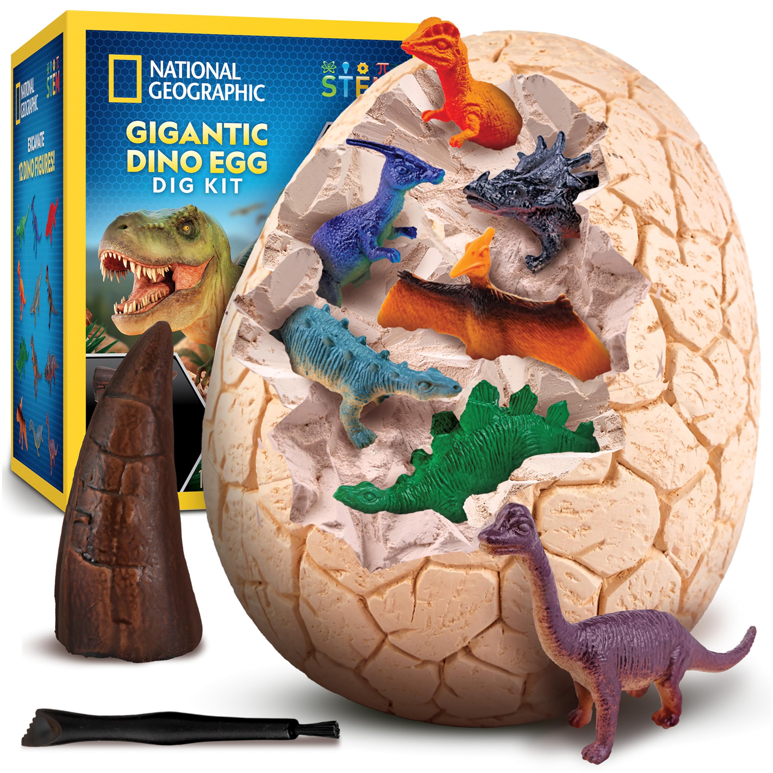National Geographic Jumbo Dinosaur Egg Dig Kit with 12 Dino Figures | Giant 6-In