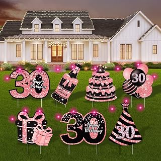 30th Birthday Decorations for Her - 7 Pcs Birthday Yard Signs with Stakes, LED Lights & Double-Sided Tape | Happy 30th Decor | Outdoor/Indoor Party Favors, Photo Props & Lawn Decorations